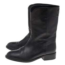 Chanel Black Leather CC Mid Calf Boots Size 38.5