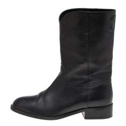 Chanel Black Leather CC Mid Calf Boots Size 38.5
