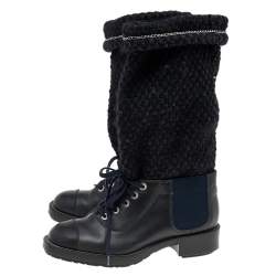مملوكة مسبقًا Chanel Black Tweed and Leather Mid Calf Boots Size 38.5