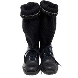 مملوكة مسبقًا Chanel Black Tweed and Leather Mid Calf Boots Size 38.5