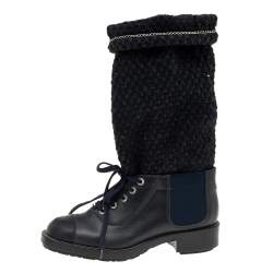 مملوكة مسبقًا Chanel Black Tweed and Leather Mid Calf Boots Size 38.5