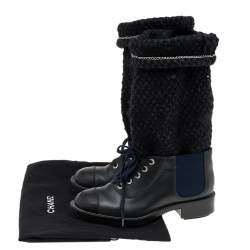 مملوكة مسبقًا Chanel Black Tweed and Leather Mid Calf Boots Size 38.5