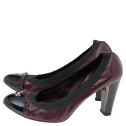 Pre Owned Chanel Black/Burgundy Leather And Patent CC Cap Toe Scrunch Block Heel Pumps Size 39.5