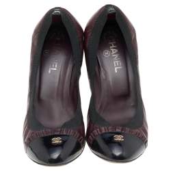 Pre Owned Chanel Black/Burgundy Leather And Patent CC Cap Toe Scrunch Block Heel Pumps Size 39.5