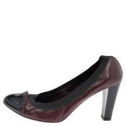 Pre Owned Chanel Black/Burgundy Leather And Patent CC Cap Toe Scrunch Block Heel Pumps Size 39.5