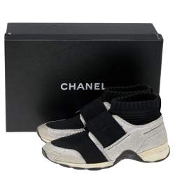 Pre Owned Chanel Black/Silver Glitter And Knit Fabric CC High Top Sneakers Size 38