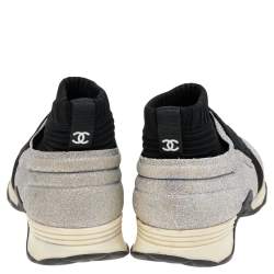 Pre Owned Chanel Black/Silver Glitter And Knit Fabric CC High Top Sneakers Size 38
