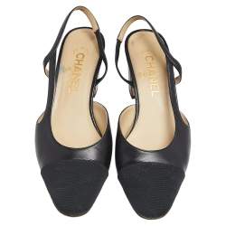 Pre Owned Chanel Black Leather And Canvas Cap Toe CC Heel Slingback Sandals Size 38