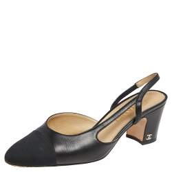 Pre Owned Chanel Black Leather And Canvas Cap Toe CC Heel Slingback Sandals Size 38