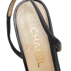 Pre Owned Chanel Black Leather And Canvas Cap Toe CC Heel Slingback Sandals Size 38