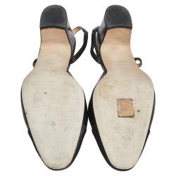 Pre Owned Chanel Black Leather And Canvas Cap Toe CC Heel Slingback Sandals Size 38