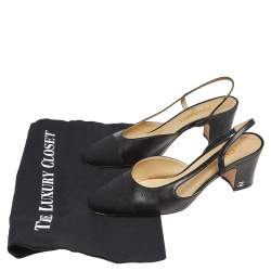Pre Owned Chanel Black Leather And Canvas Cap Toe CC Heel Slingback Sandals Size 38