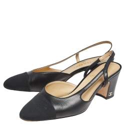 Pre Owned Chanel Black Leather And Canvas Cap Toe CC Heel Slingback Sandals Size 38