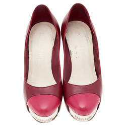 Chanel Red/Pink Leather CC Cap Toe Block Heel Platform Pumps Size 35.5