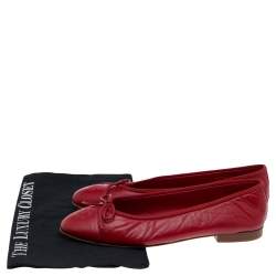 Pre Owned Chanel Red Leather CC Bow Ballet Flats Size 40.5