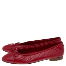 Pre Owned Chanel Red Leather CC Bow Ballet Flats Size 40.5