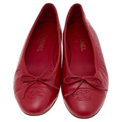 Pre Owned Chanel Red Leather CC Bow Ballet Flats Size 40.5