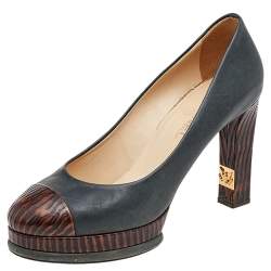 Pre Owned Chanel Grey/Brown Leather Cap Toe Platform Pumps Size 40