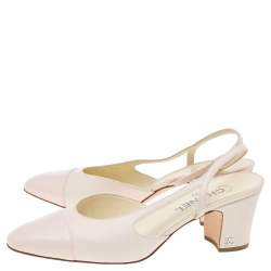 Pre Owned Chanel Blush Pink/ White Leather Block Heel Slingback Sandals Size 40.5