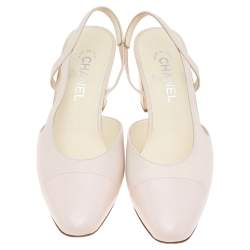 Pre Owned Chanel Blush Pink/ White Leather Block Heel Slingback Sandals Size 40.5