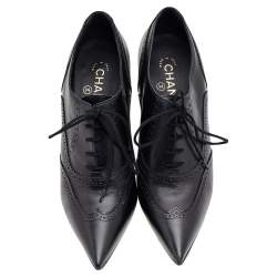 Chanel Black Brogue Leather CC Lace Up Oxford Booties Size 40