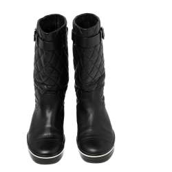 Chanel Black Textured Quilted Leather Buckle Embellished Mid Calf Boots Size 37