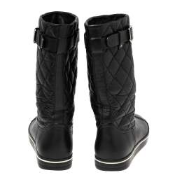 Chanel Black Textured Quilted Leather Buckle Embellished Mid Calf Boots Size 37