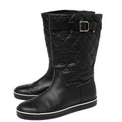 Chanel Black Textured Quilted Leather Buckle Embellished Mid Calf Boots Size 37