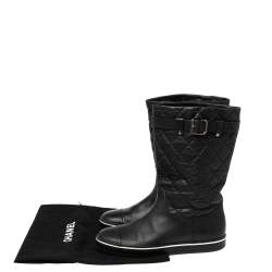 Chanel Black Textured Quilted Leather Buckle Embellished Mid Calf Boots Size 37