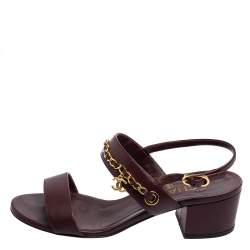 Pre Owned Chanel Burgundy Leather Chain Embellished Block Heel Ankle-Strap Sandals Size 36