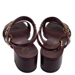 Pre Owned Chanel Burgundy Leather Chain Embellished Block Heel Ankle-Strap Sandals Size 36