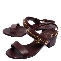 Pre Owned Chanel Burgundy Leather Chain Embellished Block Heel Ankle-Strap Sandals Size 36