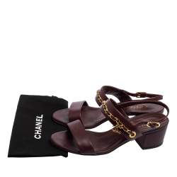 Pre Owned Chanel Burgundy Leather Chain Embellished Block Heel Ankle-Strap Sandals Size 36