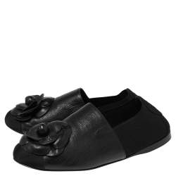 Pre Owned Chanel Black Leather, Fabric and Elastic Camellia Flats Size 37