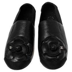 Pre Owned Chanel Black Leather, Fabric and Elastic Camellia Flats Size 37