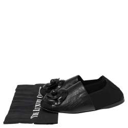 Pre Owned Chanel Black Leather, Fabric and Elastic Camellia Flats Size 37