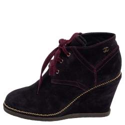 Chanel Navy Blue Suede Chain Wedge Boots Size 38 