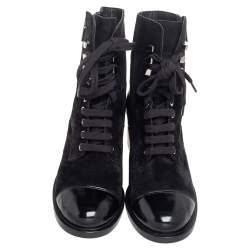 Chanel Black Suede And Leather Combat Lace Up Boots Size 38