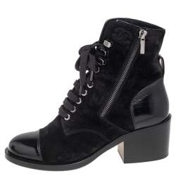 Chanel Black Suede And Leather Combat Lace Up Boots Size 38