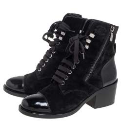 Chanel Black Suede And Leather Combat Lace Up Boots Size 38