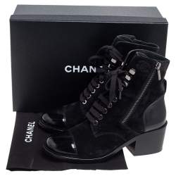 Chanel Black Suede And Leather Combat Lace Up Boots Size 38
