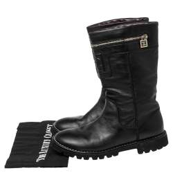 Chanel Black Leather CC Zipper Detail Moto Boots Size 39.5 