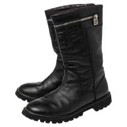 Chanel Black Leather CC Zipper Detail Moto Boots Size 39.5 