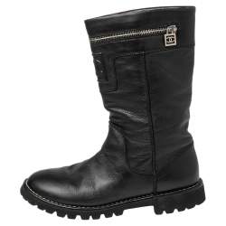 Chanel Black Leather CC Zipper Detail Moto Boots Size 39.5 