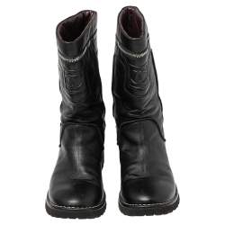 Chanel Black Leather CC Zipper Detail Moto Boots Size 39.5 