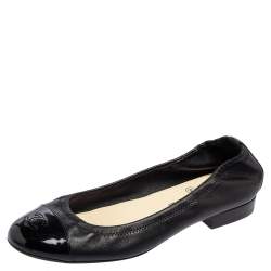 Chanel Black Patent Leather and Leather CC Cap Toe Ballet Flats