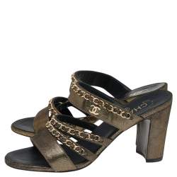 Chanel Metallic Gold Suede Chain Link Slide Sandals Size 37.5