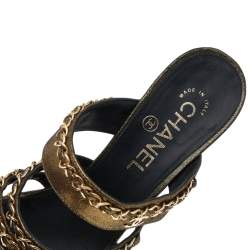 Chanel Metallic Gold Suede Chain Link Slide Sandals Size 37.5