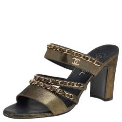 Chanel Metallic Gold Suede Chain Link Slide Sandals Size 37.5