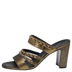 Chanel Metallic Gold Suede Chain Link Slide Sandals Size 37.5